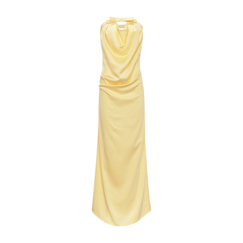 SheerLuck White & Yellow Aurelia Double-sided Satin Bustier Bow Backless Maxi Dress