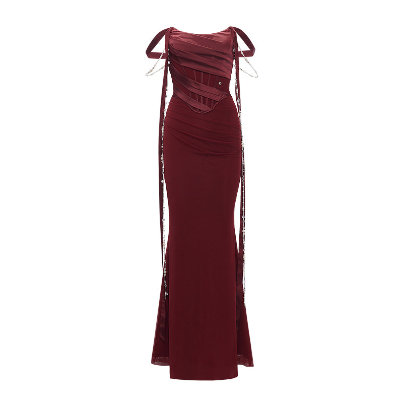 SHEERLUCK White & Red Marlee Sheath Fishtail Maxi Dress