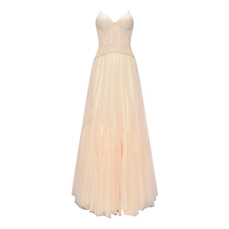 SHEERLUCK White& Pink Wave Lace Fishbone Maxi Dress