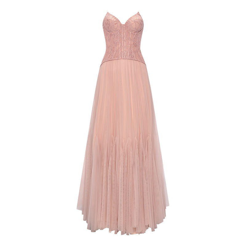 SHEERLUCK White& Pink Wave Lace Fishbone Maxi Dress