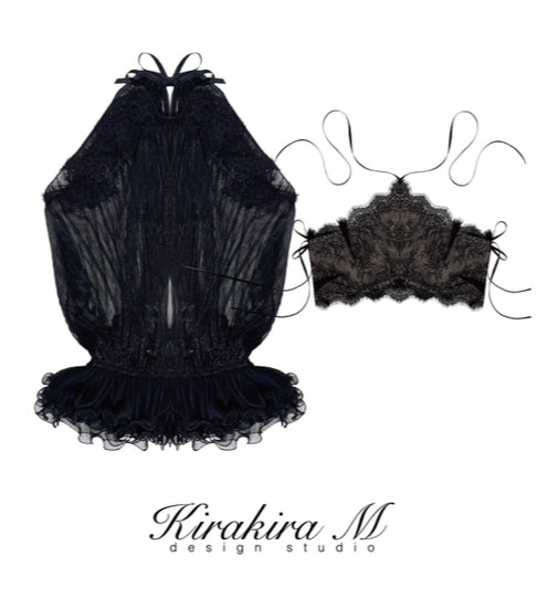 Kirakira M Black Shiny Silk Pleated Lace Hanging Neck Top & Lace Low Rise Trousers & Lace Shorts
