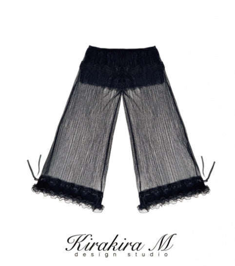 Kirakira M Black Shiny Silk Pleated Lace Hanging Neck Top & Lace Low Rise Trousers & Lace Shorts