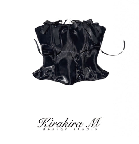Kirakira M Black Glossy Bow Top & Low Waisted Wrap Hip Half Skirt