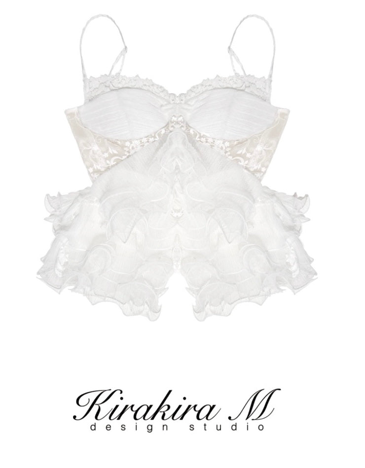 Kirakira M White Lace Spliced Layered Lace Top& Shorts