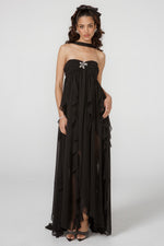 Black Chiffon Strapless Starfish Brooch Layered Ruffle Marina Maxi Dress