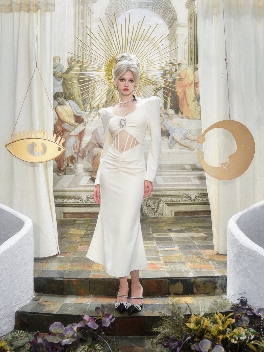 KINGWEN white square-neck fishbone midi dress