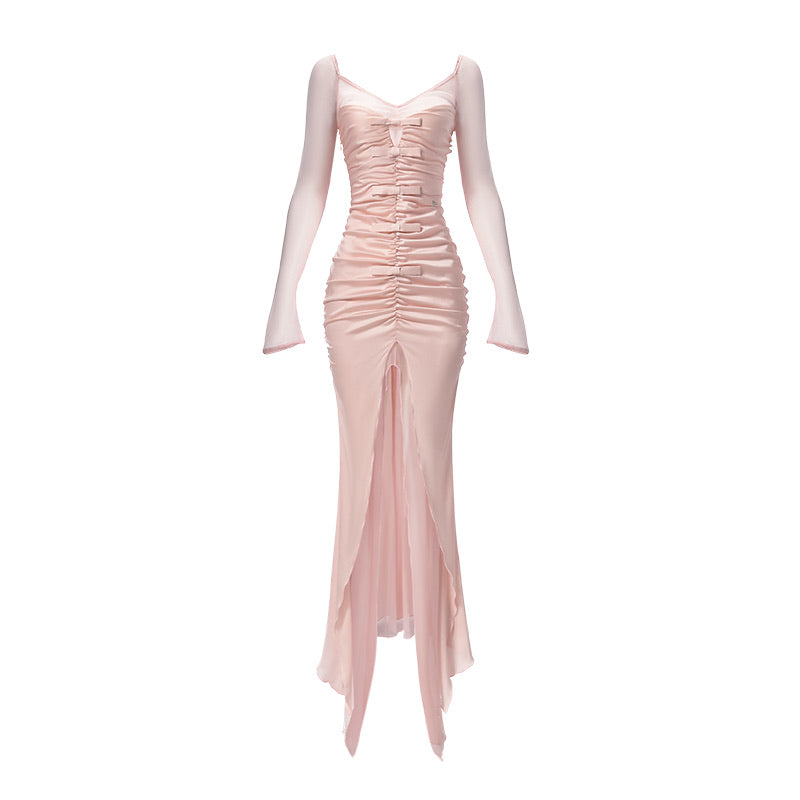 SheerLuck White & Nude & Pink SeeThru High Split Long Sleeve Bow Maxi Dress