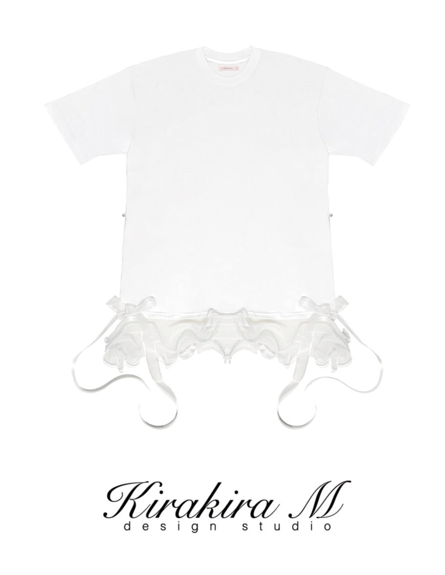 Kirakira M White & Black Bow Top& Lace Shorts& Lace Low Rise Pants