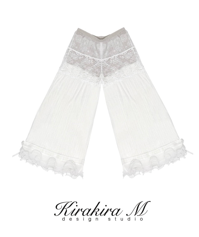 Kirakira M White & Black Bow Top& Lace Shorts& Lace Low Rise Pants