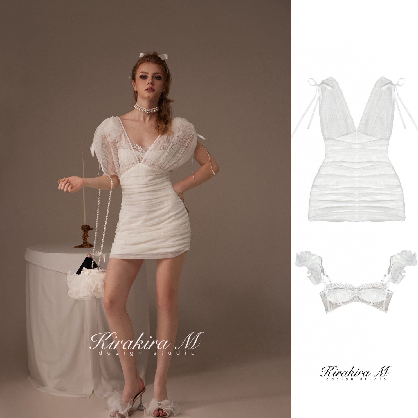 Kirakira M White Deep V Drawstring Slim Fit Dress (2 Wearable)