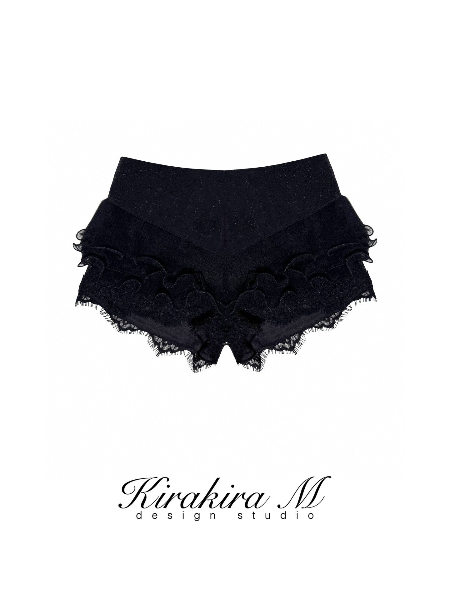 Kirakira M Black Shiny Silk Pleated Lace Hanging Neck Top & Lace Low Rise Trousers & Lace Shorts