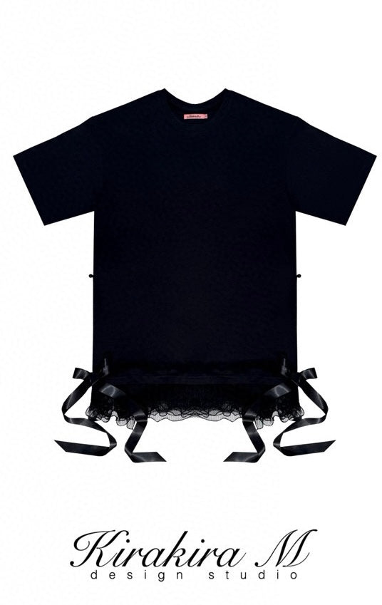 Kirakira M White & Black Bow Top& Lace Shorts& Lace Low Rise Pants