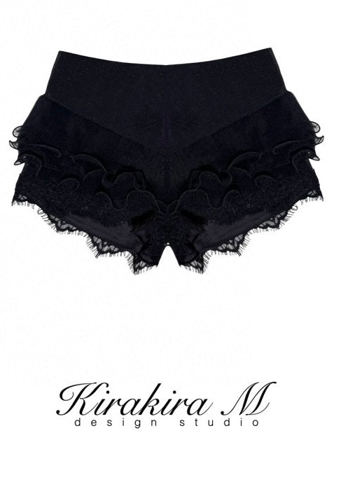 Kirakira M White & Black Bow Top& Lace Shorts& Lace Low Rise Pants