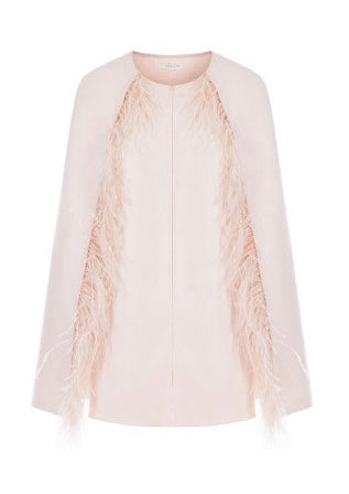WARDROBE BY CHEN Light pink double-faced tweed and feather shawl cape coat