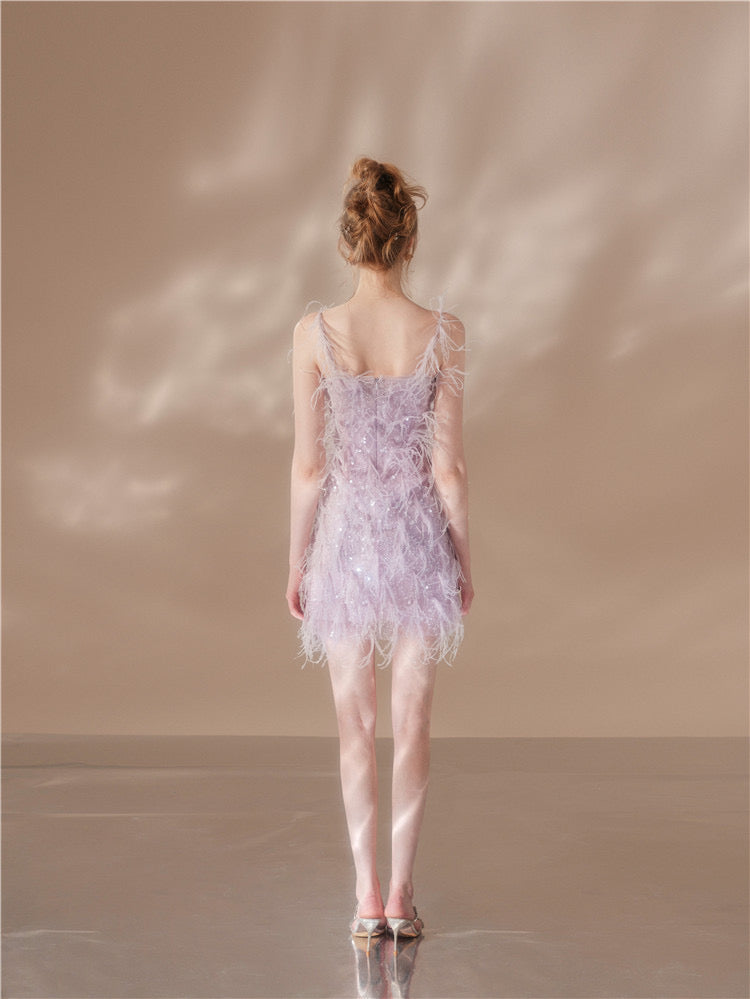 WARDROBE BY CHEN Purple feather halter mini dress