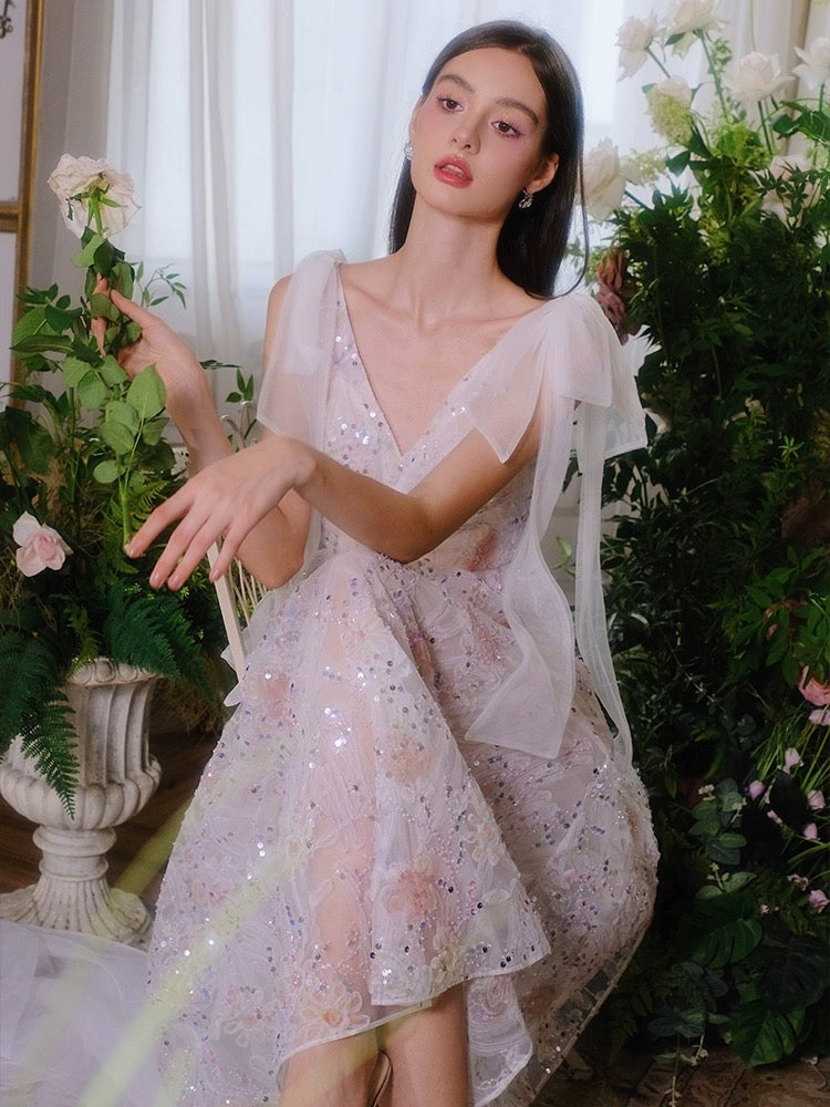 WARDROBE BY CHEN embroidered pink midi dress