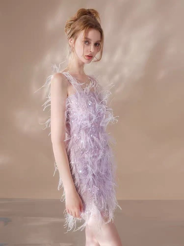 WARDROBE BY CHEN Purple feather halter mini dress