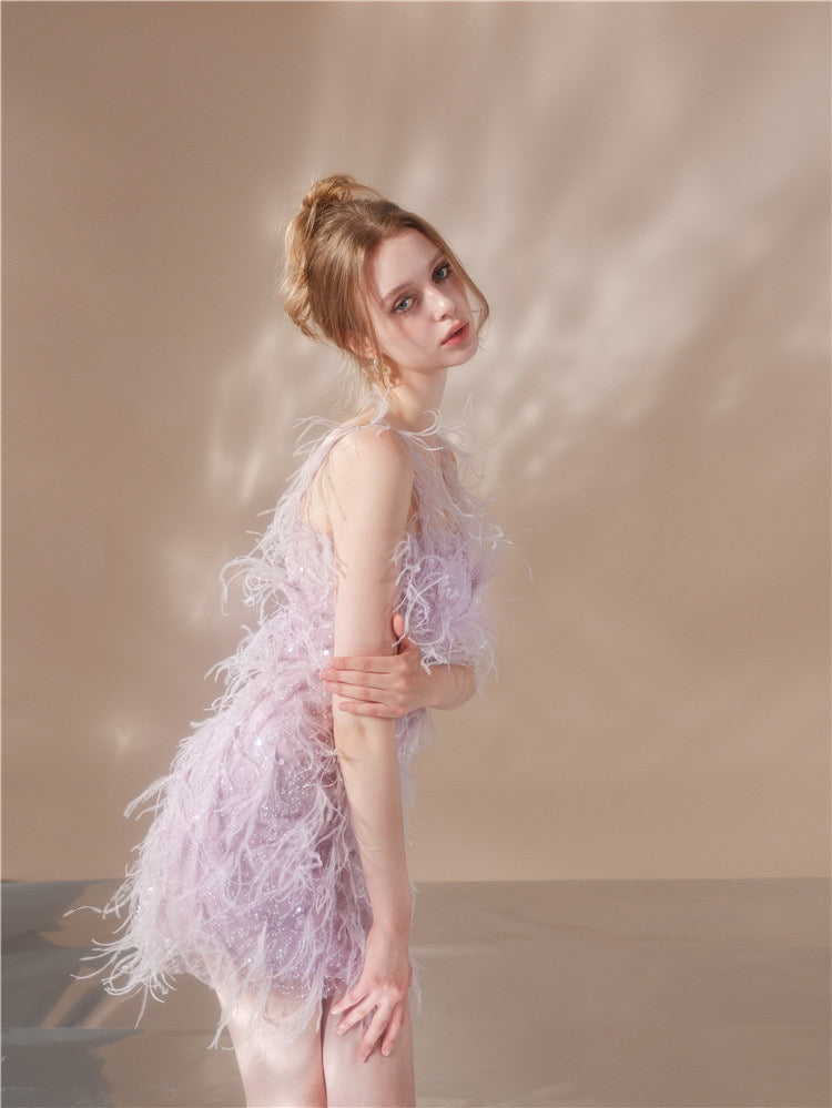 WARDROBE BY CHEN Purple feather halter mini dress