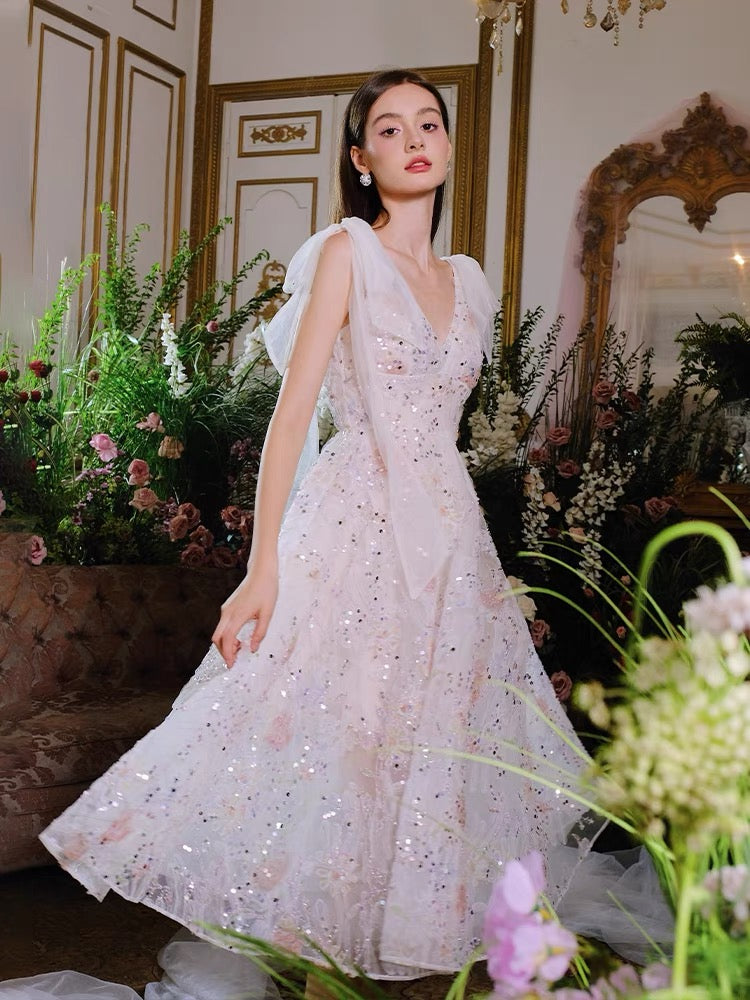 WARDROBE BY CHEN embroidered pink midi dress