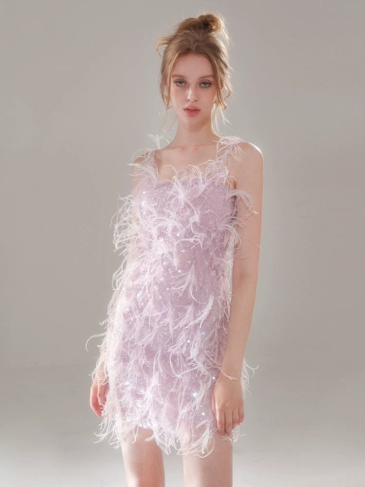 WARDROBE BY CHEN Purple feather halter mini dress
