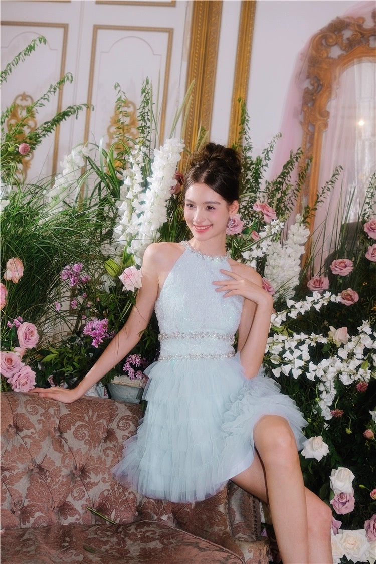 WARDROBE BY CHEN Blue Crystal mini Dress