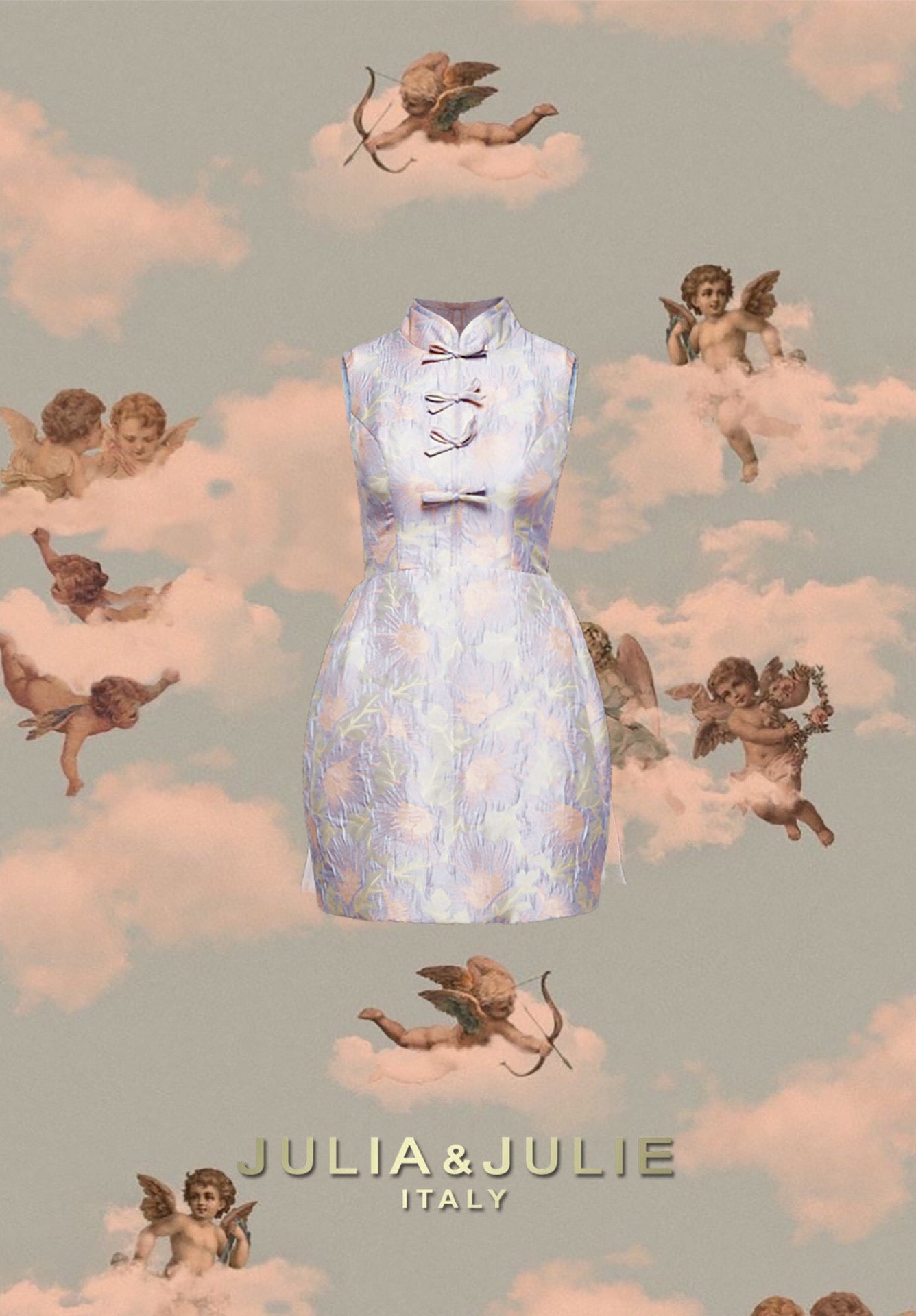 JULIA JULIE Blue Chinese jacquard dress with stand-up collar mini dress