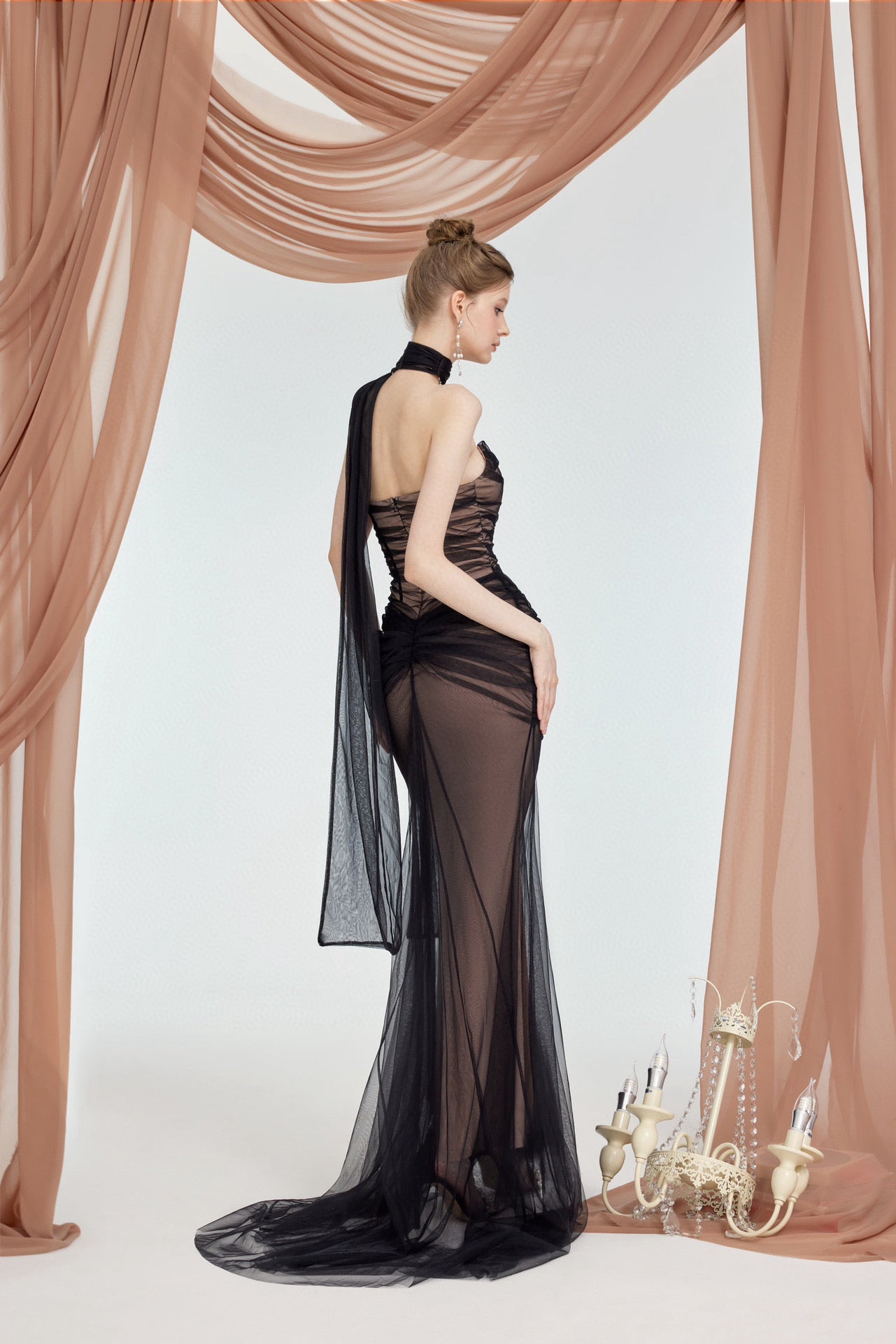 SHEERLUCK NUDE & BLACK MAXI VACATION DRESS