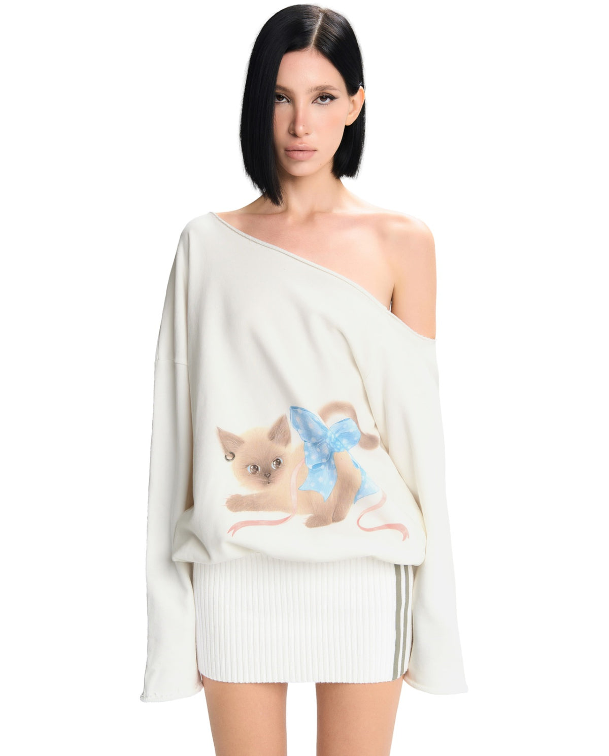 White Off-Shoulder Cat-Print Oversized Ling Mnii Dress