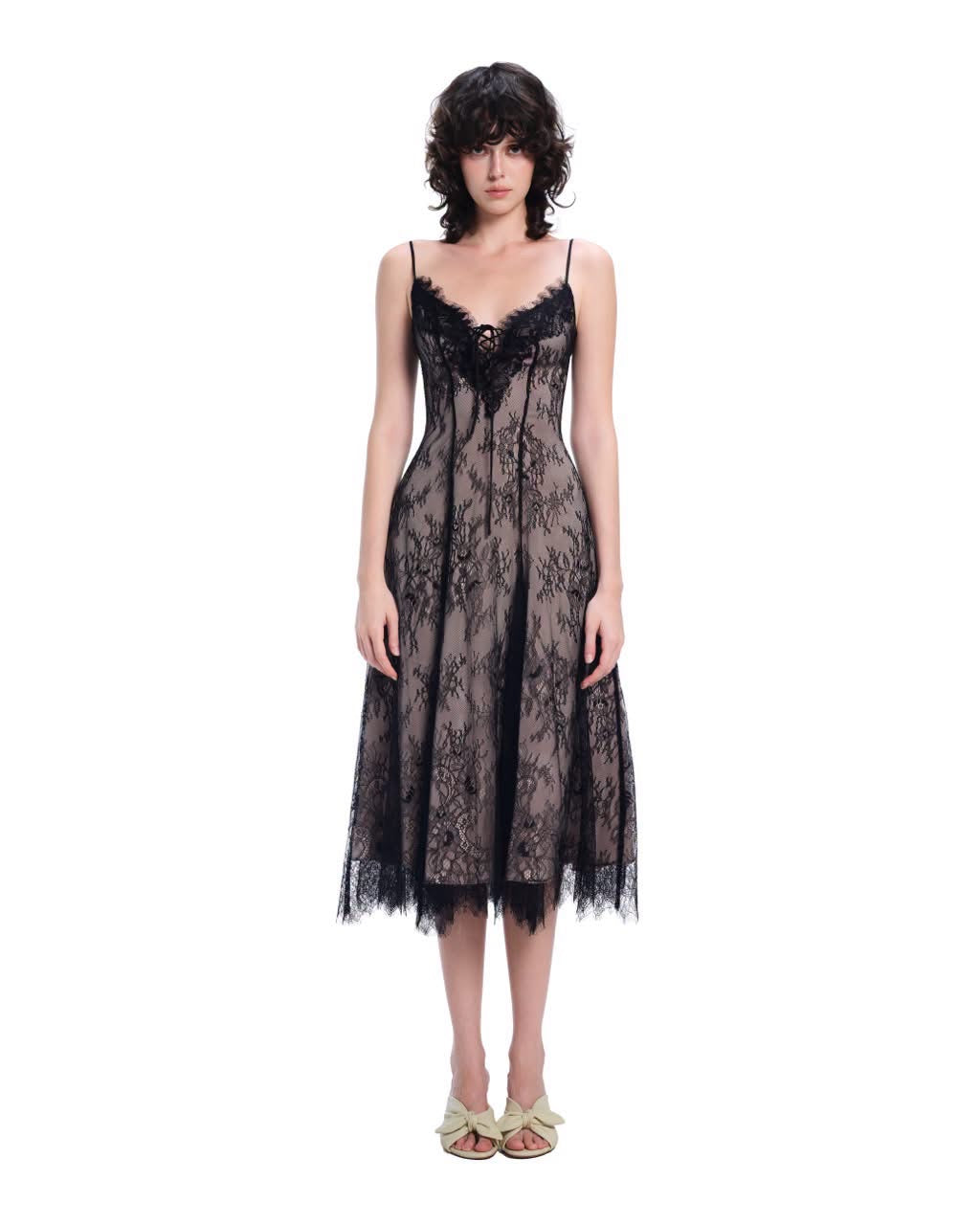 Black Spaghetti-Strap V-Neck Criss-Cross Lace Gonna Midi Dress