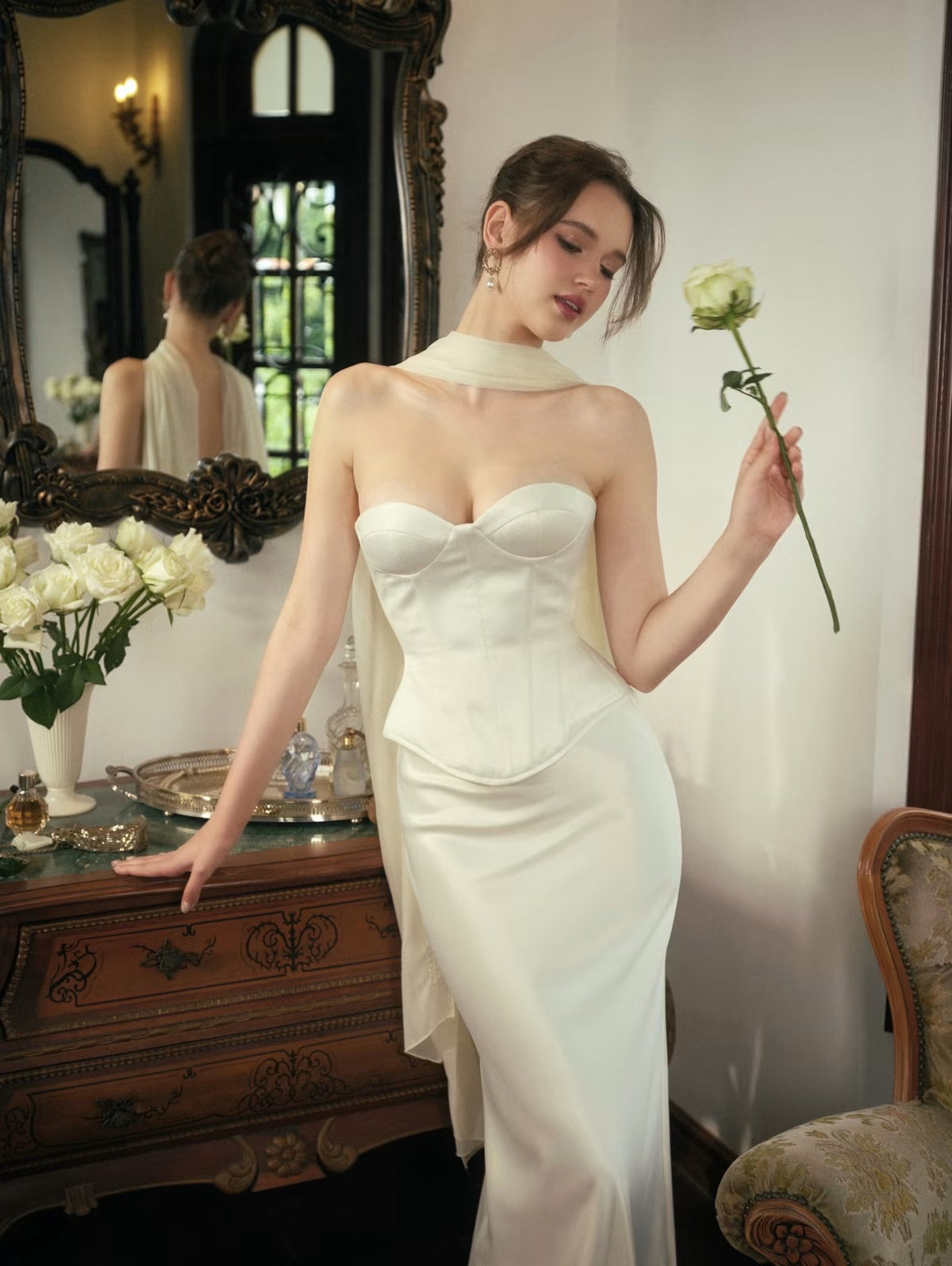 White Satin Yulia Corser Top & Silk Maxi Skirt