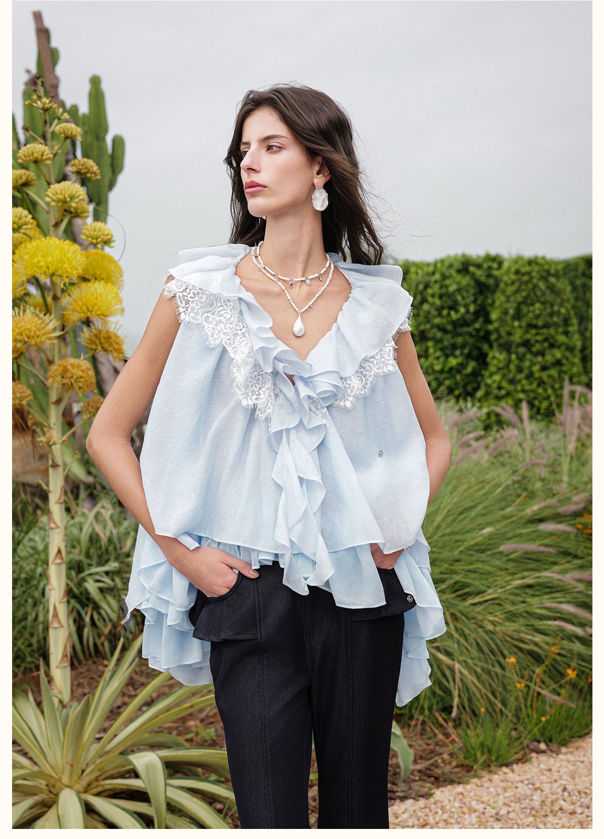SHEERLUCK Vacation Fairycore White Ripple V-neck Top & Indigo Pants