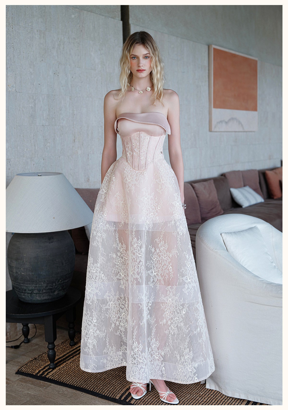 Sheerluck Elegant Vacation Brown Serenata French-collar Strapless Mini Dress & Tulle Maxi Dress