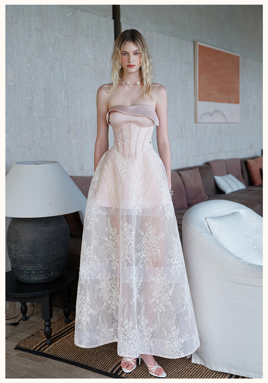 Sheerluck Elegant Vacation White Serenata French-collar Strapless Mini Dress & Tulle Maxi Dress