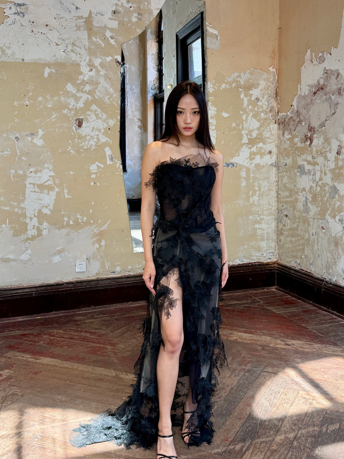 Black Strapless 3D Lace Slit Maxi Dress