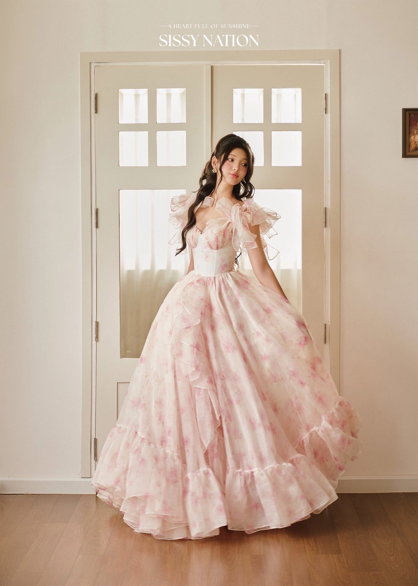 SISSY NATION Pink Floal Peony Ruffle Gown Maxi Dress