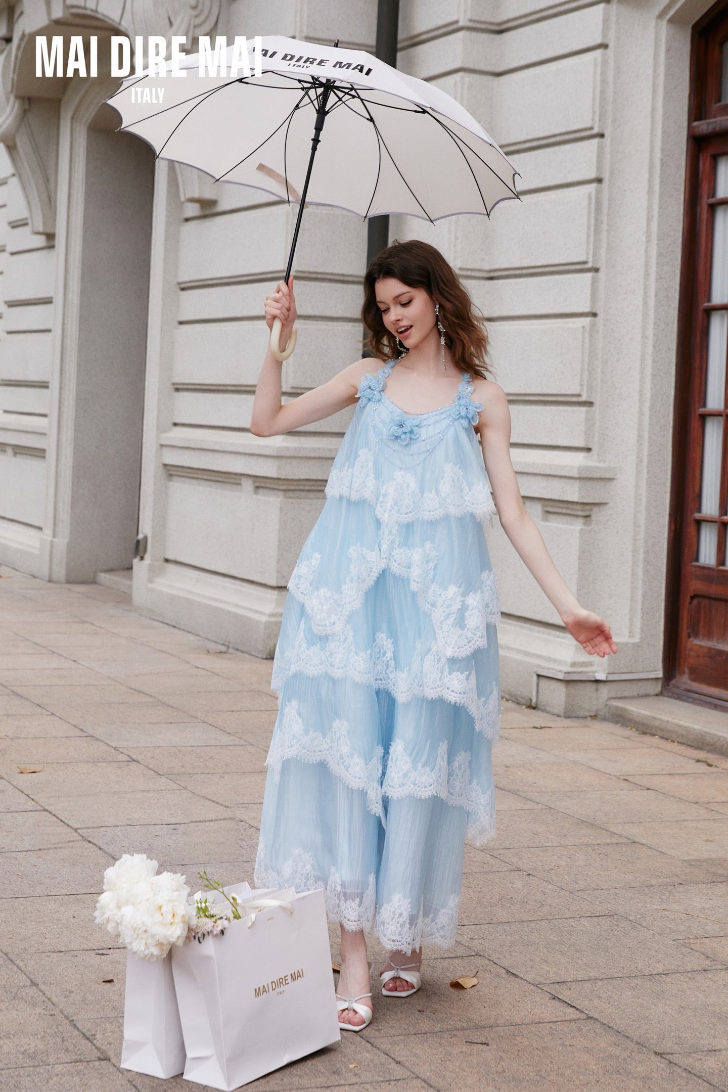 MAI DIRE MAI Elegant Vacation Blue Lace Floral Maxi Dress
