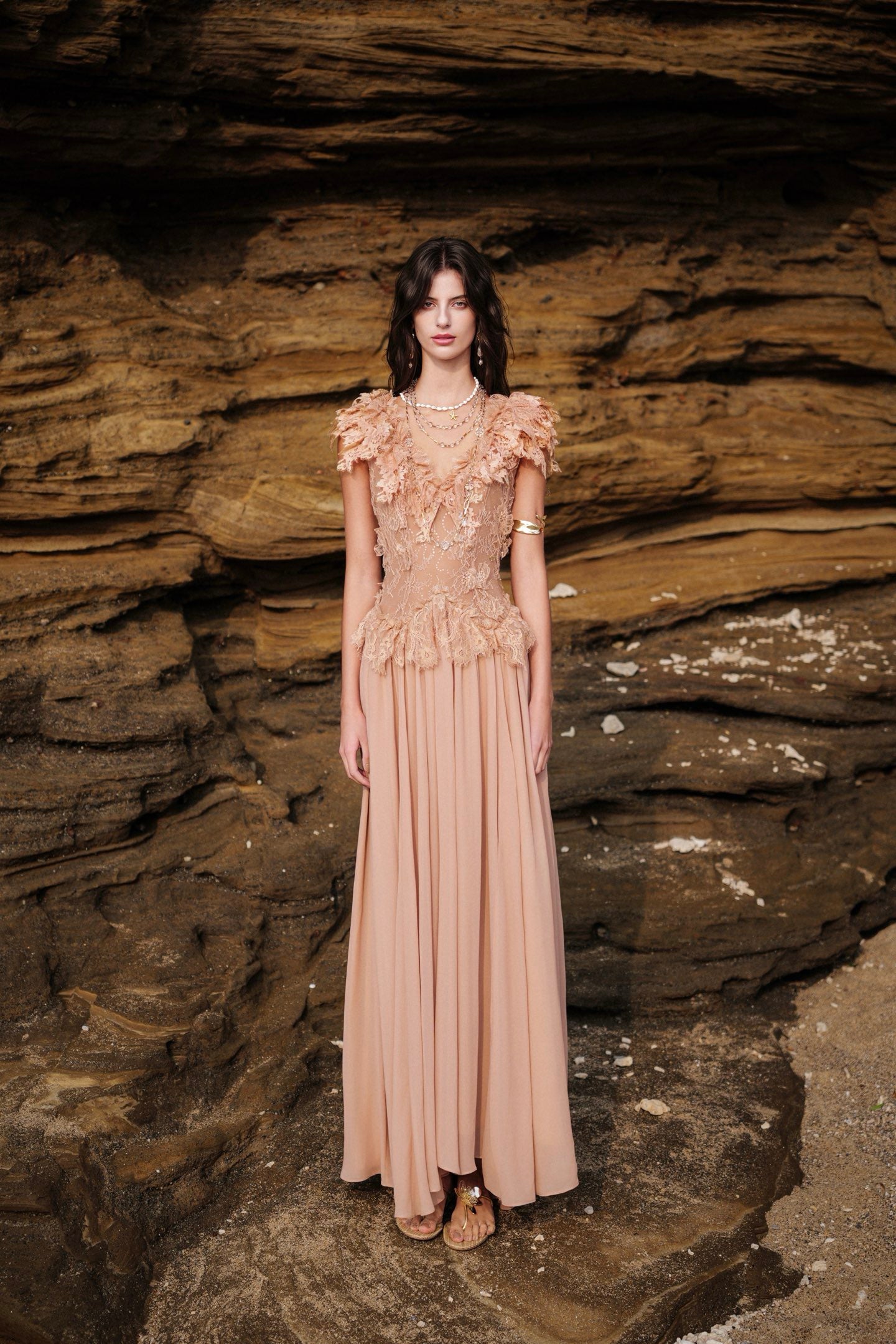 SHEERLUCK Floral Vacation Brown Muse Multi-layered Lace Panel Maxi Dress