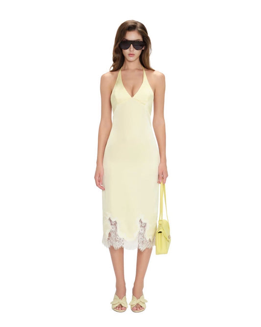 Yellow Halter Deep-V Satin Gelles Midi Dress