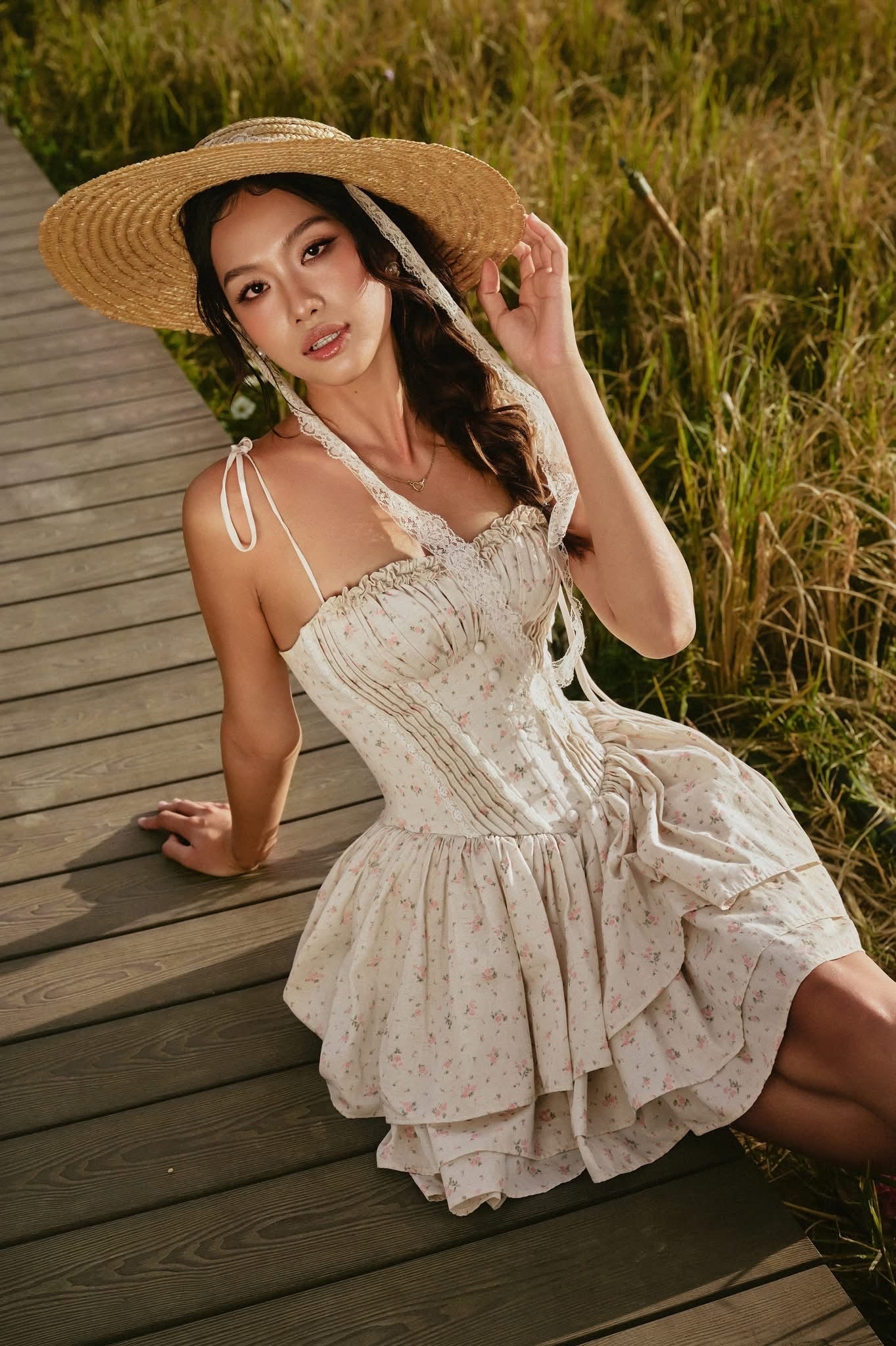 SISSY NATION Sweet Elegant Floral Cream Cherry Corset Mini Dress