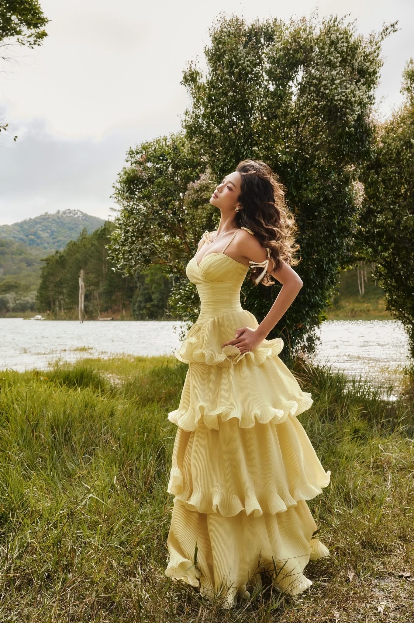 SISSY NATION Sweet Elegant Fairycore Yellow Penelope Pleated Maxi Dress