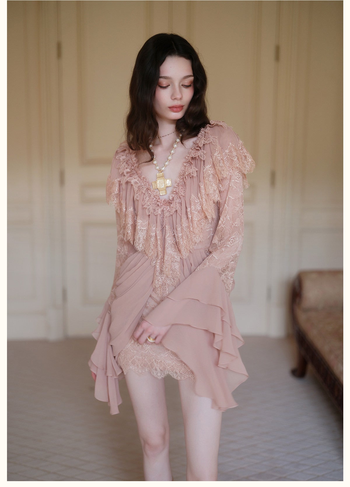 Nude V-Neck Lace Ruffle Long-Sleeve Mini Dress