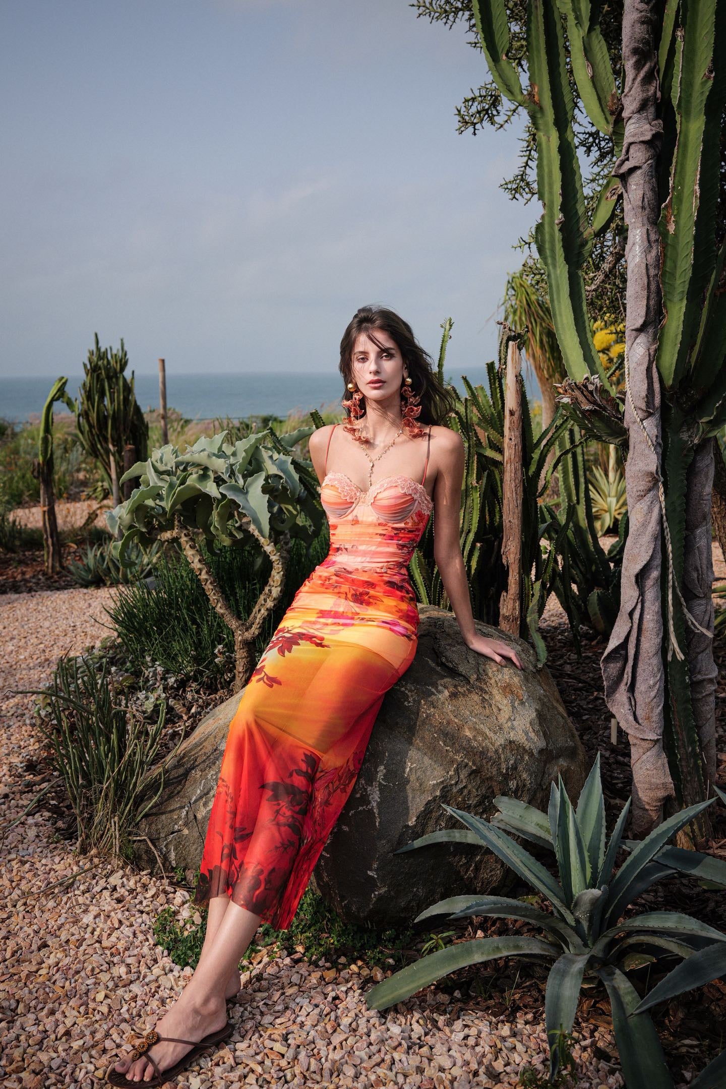 SHEERLUCK Sweet Vacation Floral Tulle Strapless Herringbone Maxi Dress