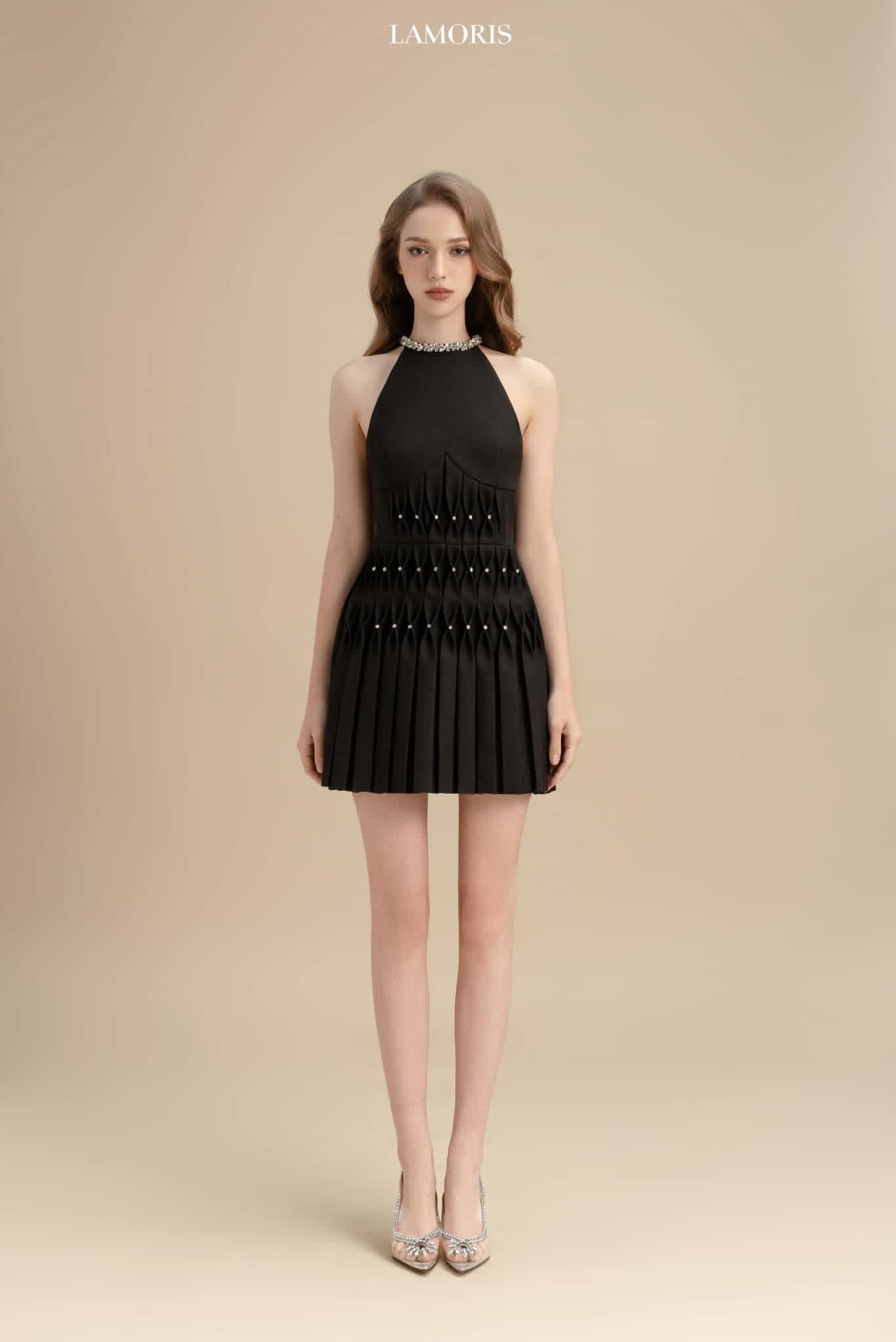 LAMORIS Black Smocking Stone Mini Dress
