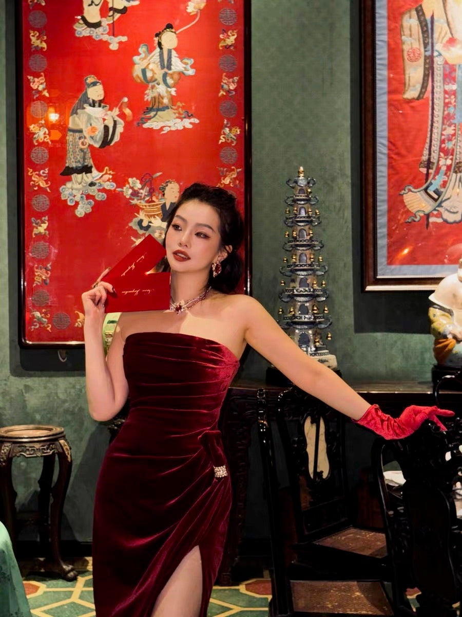 NANA JACQUELINE Red Velvet Strapless Maxi Dress