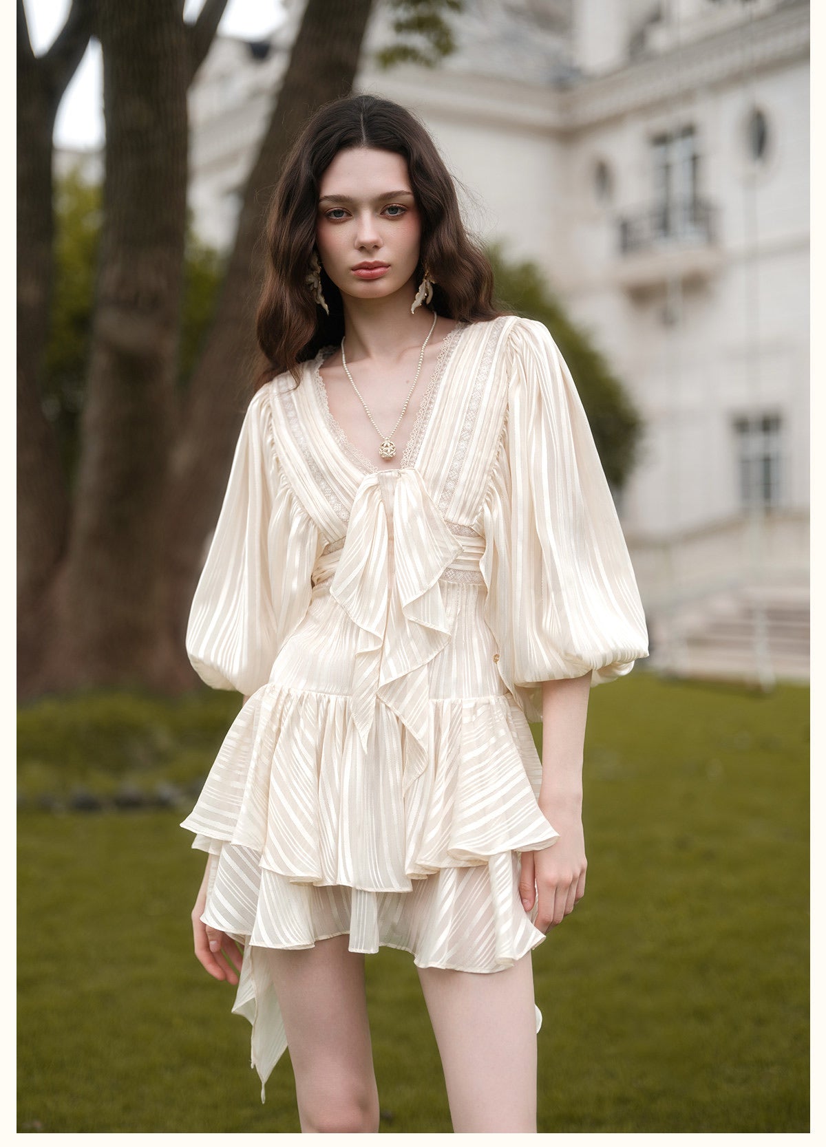 Green Striped Satin Lantern-Sleeve V-Neck Bow Tiered Mini Dress