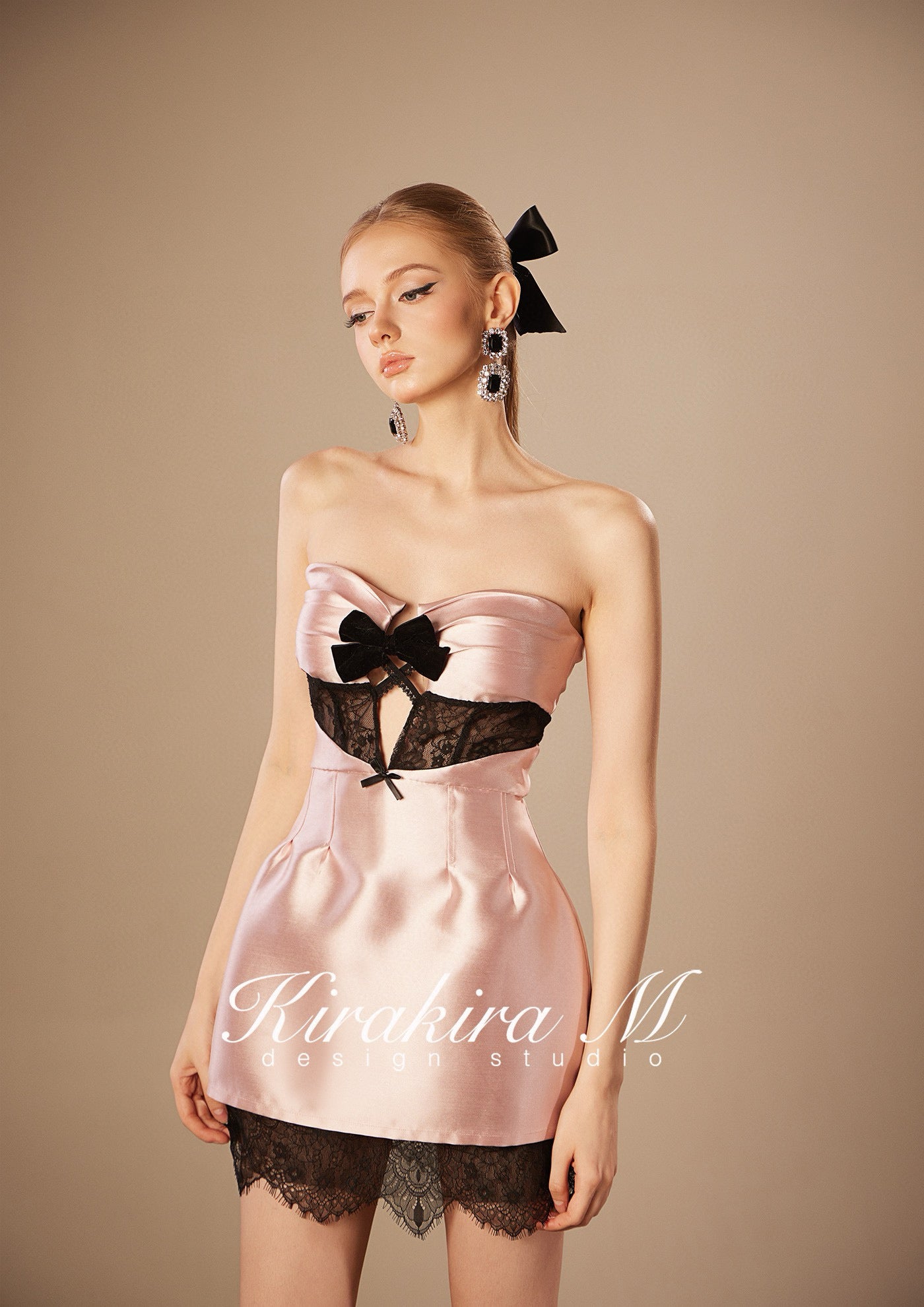 KIRAKIRA M Pink Shiny Hollow Out Bow Embellished Sheath Mini Dress