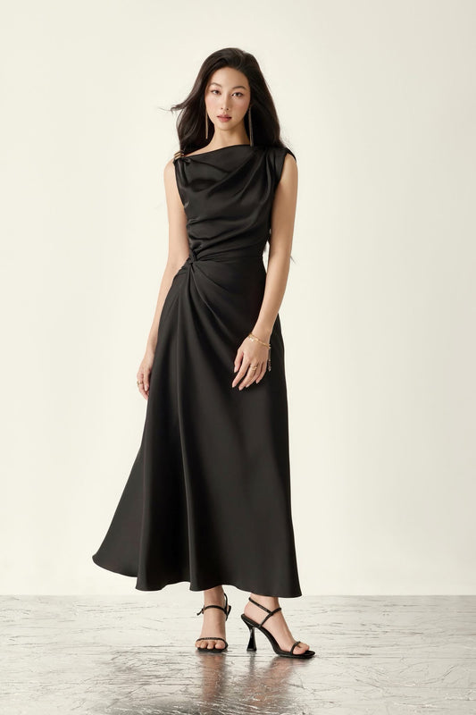 DENIOVN Vacation Elegant Black Midi Dress