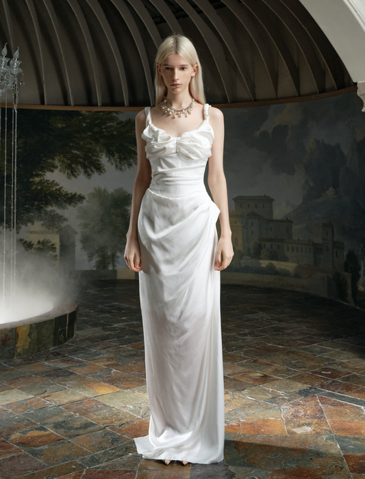 White Satin Thin Strap Bust Twist Waisted Bodycon Maxi Dress