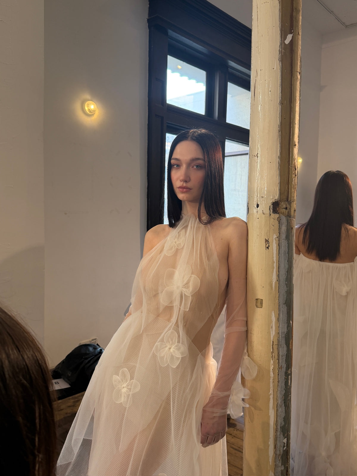 White Halter 3D Floral Sheer Tulle Midi Dress