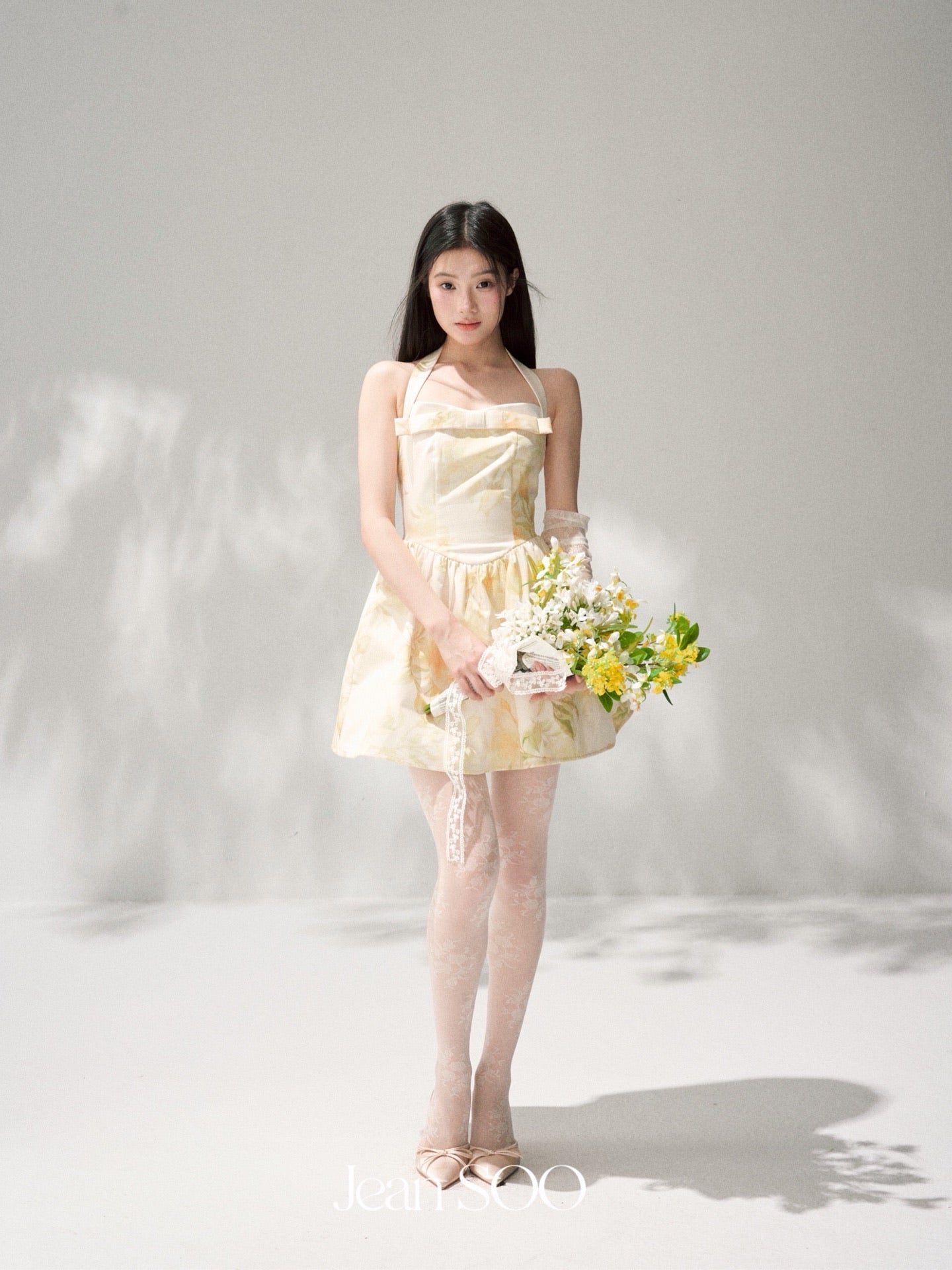 Yellow Ink Floral Halter Strapless Bow A-Line Mini Dress